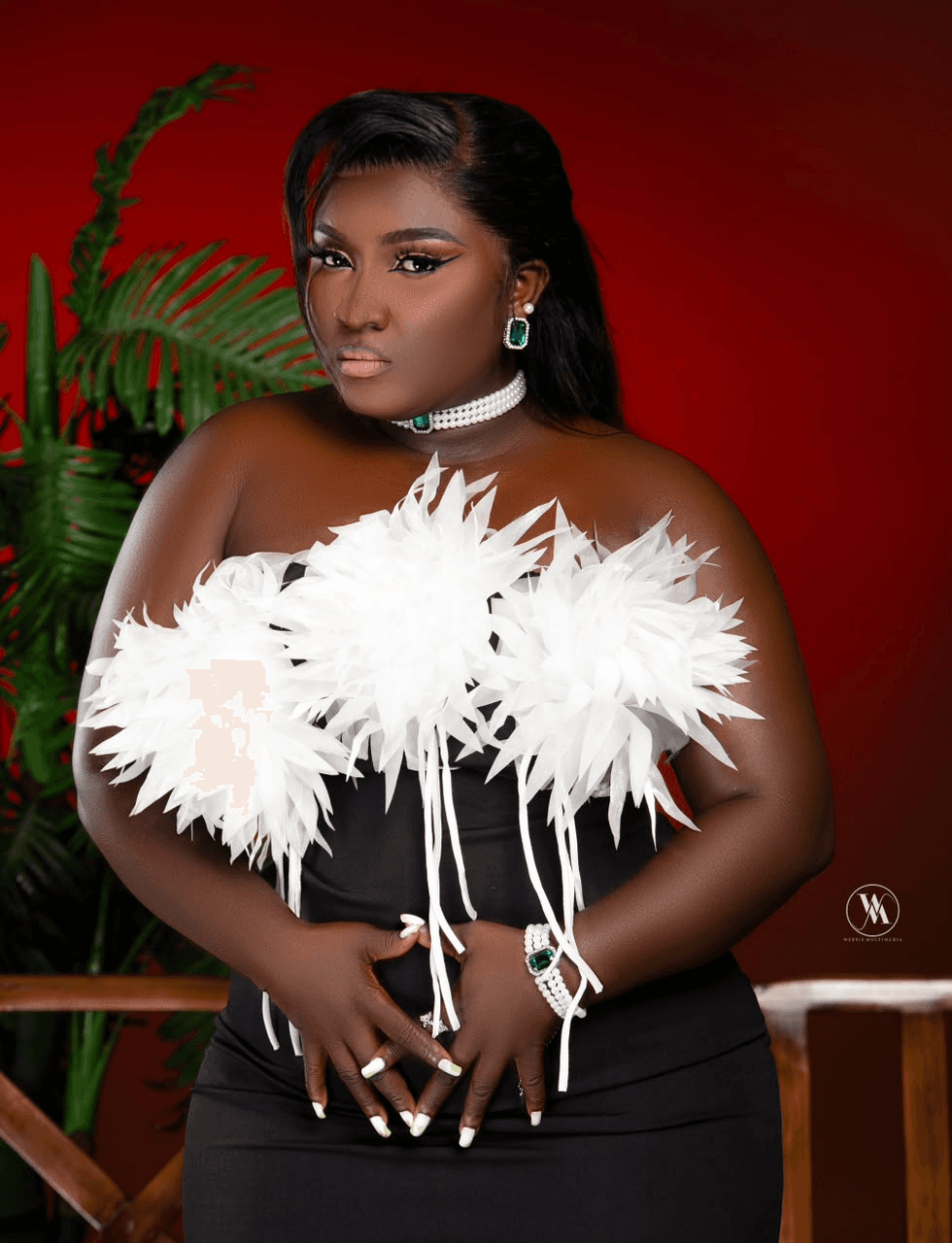 Editorial glam with a white feather bodice